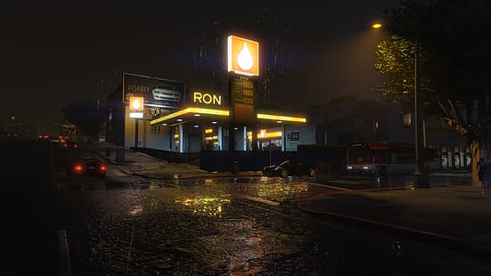 Grand Theft Auto V, Grand Theft Auto, araba, yağmur, sokak, benzin istasyonları, ağaçlar, sokak lambası, trafik ışıkları, gece, ıslak sokak, HD masaüstü duvar kağıdı HD wallpaper