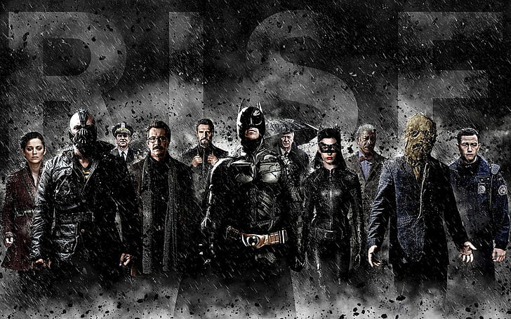 The Dark Knight Rises Cast, rise poster, batman, bane, catwoman, gordon, HD wallpaper