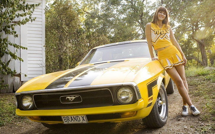 women mary elizabeth winstead yellow vintage cars actress celebrity ford mustang 2400x1500 wallpa People Actresses HD Art , women, Mary Elizabeth Winstead, HD wallpaper