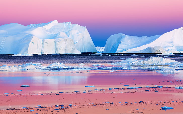 Piękno gór lodowych o zachodzie słońca w Arktyce, Góry lodowe, Piękno, Arktyka, Zachód słońca, Tapety HD