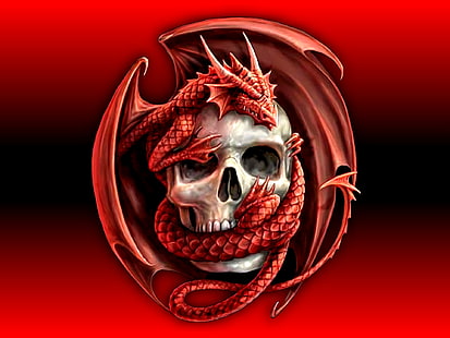 graue menschliche Schädelverpackung durch digitale Tapete des roten Drachen, Dunkelheit, Schädel, Tod, Drache, HD-Hintergrundbild HD wallpaper