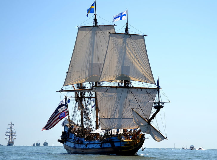 бело-коричневый корабль, корабль, парусник, транспортное средство, HD обои