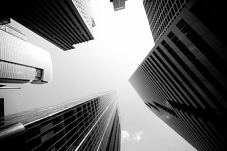 low angle grayscale photography of buildings, Monument, low angle, grayscale, photography, buildings, Harris County, Houston  Texas, USA, United States of America, architecture, bw, skyscraper, built Structure, urban Scene, building Exterior, office Building, tower, low Angle View, downtown District, city, modern, business, HD wallpaper HD wallpaper