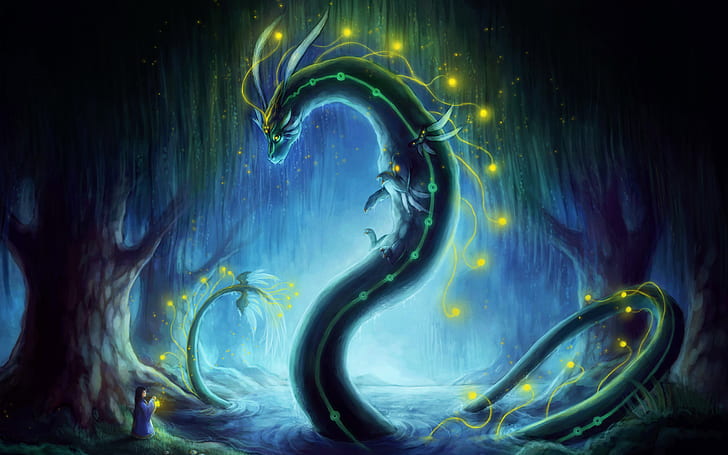 Goddess HD, green dragon illustration, creative, graphics, creative and graphics, goddess, HD wallpaper