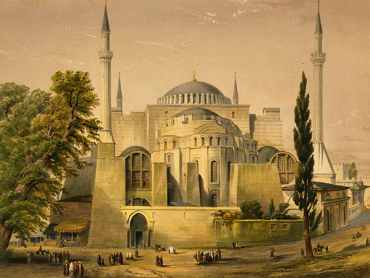 árvores, a cidade, quadro, mesquita, Istambul, Turquia, o minarete, Hagia Sophia, Enquanto Agia Sophia, HD papel de parede