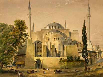drzewa, miasto, obraz, meczet, Istambuł, Turcja, minaret, Hagia Sophia,, A Agia Sophia, Tapety HD HD wallpaper