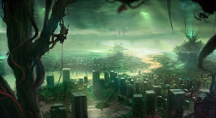 zielone miasto dystopia przyszłość miejska science-fiction skyscapes 1920x1080 Natura Niebo HD Sztuka, Zielony, Miasto, Tapety HD
