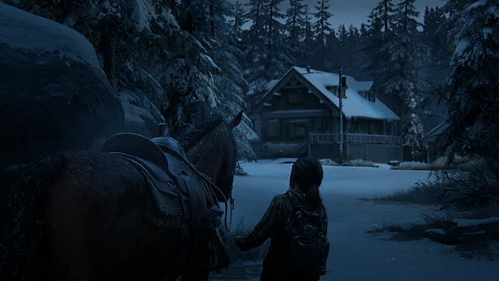 The Last of Us, tangkapan layar, kuda, malam, musim dingin, pohon, salju, Wallpaper HD