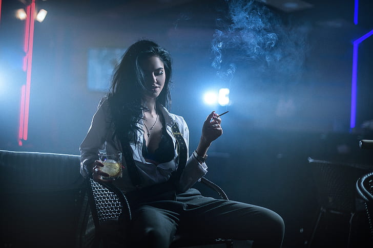 escuro, mulheres, modelo, fumando, HD papel de parede