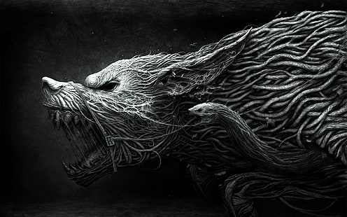 الذئب ، الأسنان ، الرسم ، العدوان ، الأسود ، الأبيض، خلفية HD HD wallpaper