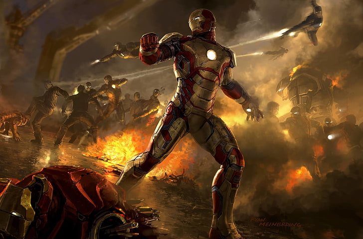 Marvel Iron Man цифровые обои, Райан Майнердинг, Iron Man, броня, война, живопись, HD обои