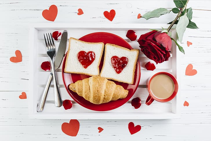 love, flowers, heart, roses, Breakfast, petals, red, romantic, jam, coffee cup, gift, valentine, toast, growing, croissant, a Cup of coffee, HD wallpaper