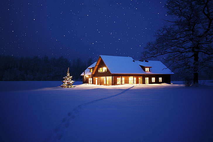 коричневая иллюстрация дома, огни, дом, елка, Новый год, Рождество, ночь, зима, снег, HD обои