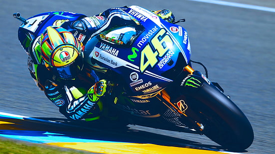 синий и серый Yamaha спортивный мотоцикл, мотоцикл, MotoGP, автоспорт, валентино росси, гонки, HD обои HD wallpaper