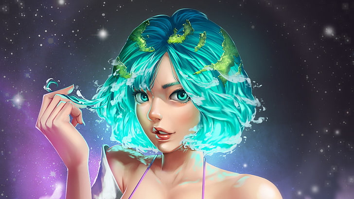 green haired female anime character, Earth-chan, GDecy, blue hair, HD wallpaper