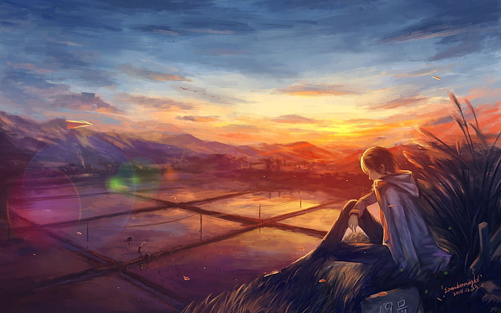 siedzący w trawie mężczyzna postać z anime, zachód słońca, ryż niełuskany, grafika, flara obiektywu, sztuka cyfrowa, krajobraz, pole, natura, chłopcy z anime, Tapety HD