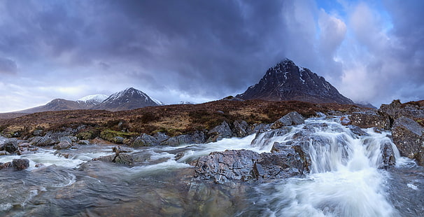 landscape photography of mountain during daytime, landscape photography, mountain, daytime, Scotland, West Highlands, Glencoe  River, Buachaille Etive Mor, Waterfall, panorama, nature, landscape, scenics, outdoors, mountain Peak, travel, HD wallpaper HD wallpaper