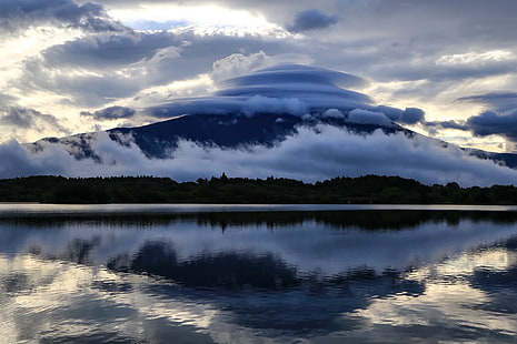 Mount Fuji, clouds, Japan, lake, reflection, HD wallpaper HD wallpaper
