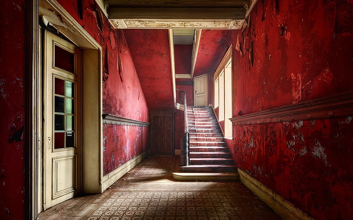 коричневый и красный интерьер комнаты, лестница, дом, красный, HD обои