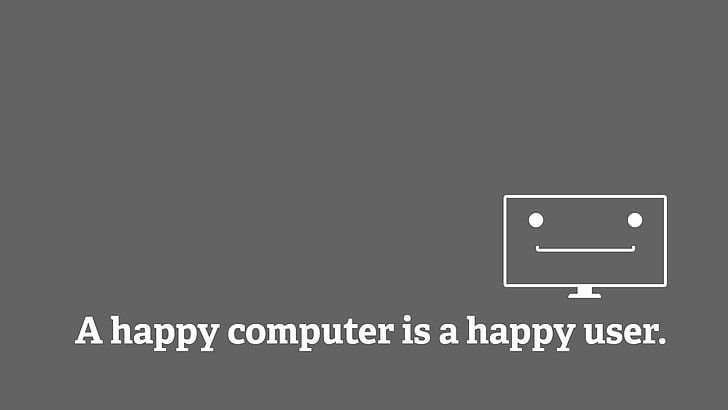 бял текст, сив фон с щастлив компютър е наслагване на текст на щастлив потребител, дигитално изкуство, хумор, просто, сиво, минимализъм, HD тапет