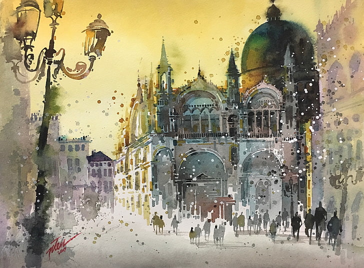 artwork, architecture, watercolor, cathedral, Venice, Italy, street light, building, splashes, painting, Tilen Ti, crowds, town square, dome, HD wallpaper