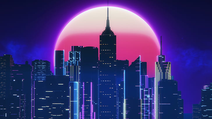 Night, Music, The city, The moon, Style, Neon, 80's, Synth, Retrowave, Synthwave, New Retro Wave, Futuresynth, Sintav, Retrouve, Outrun, SynthEx, By SynthEx, HD wallpaper