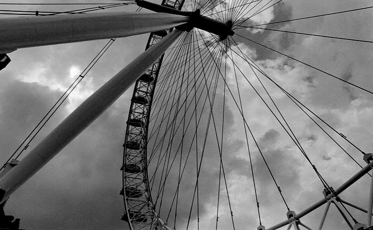 ferris wheel, London Eye, London, ferris wheel, monochrome, Europe, photography, HD wallpaper
