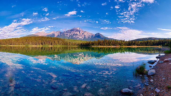 ทะเลสาบพีระมิด, อุทยานแห่งชาติแจสเปอร์, อุทยานแห่งชาติ, อัลเบอร์ต้า, แคนาดา, ท้องฟ้าสีฟ้า, ภูเขาพีระมิด, ทะเลสาบภูเขา, วอลล์เปเปอร์ HD