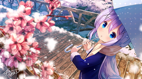снег, Gochuumon wa Usagi Desu ka ?, длинные волосы, аниме девушки, Kafuu Chino, HD обои HD wallpaper
