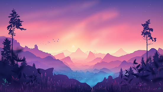  valley, mountains, trees, digital art, artwork, digital, warm, purple, HD wallpaper HD wallpaper