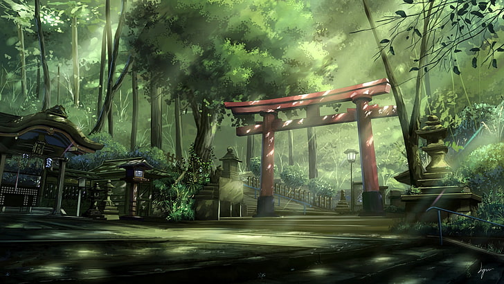 green leafed trees illustration, empty pathway between trees illustration, anime, landscape, torii, sun rays, forest, Asian architecture, steps, trees, HD wallpaper