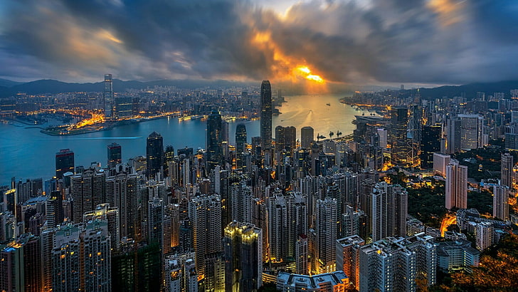 空、中国、アジア、香港、夜、ダウンタウン、夕暮れ、タワーブロック、ランドマーク、日没、高層ビル、スカイライン、メトロポリス、ビクトリアハーバー、都市、都市の景観、首都圏、 HDデスクトップの壁紙