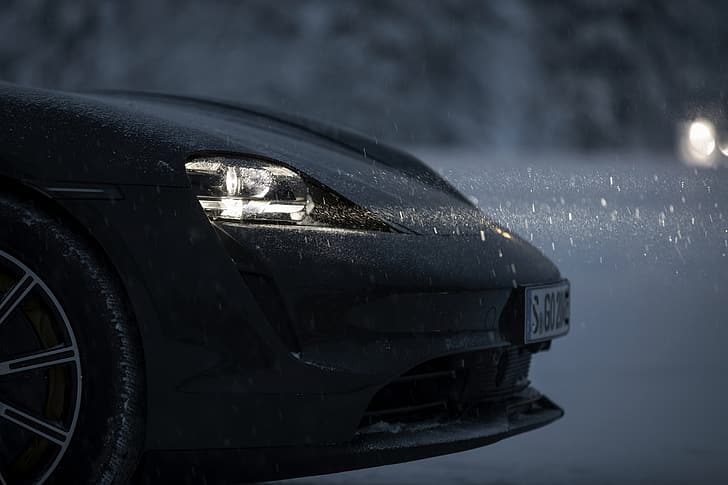 свет, снег, черный, Porsche, передняя часть, 2020, Taycan, Taycan 4S, HD обои
