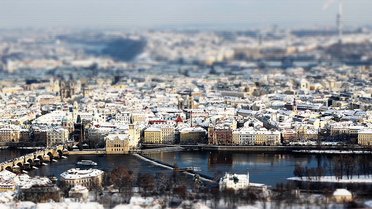 white and gray buildings, photo of gray concrete bridge, Prague, river, building, tilt shift, HD wallpaper