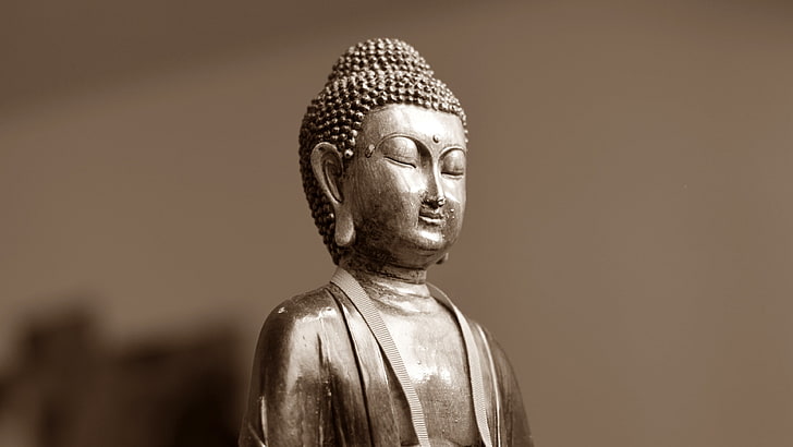 Buddha figurine, statue, sculpture, artwork, Buddha, Buddhism, meditation, depth of field, simple background, sepia, face, closed eyes, HD wallpaper