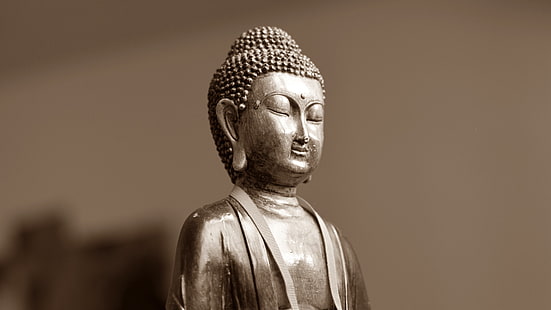 Patung Buddha, patung, patung, karya seni, Buddha, Budha, meditasi, kedalaman bidang, latar belakang sederhana, sepia, wajah, mata tertutup, Wallpaper HD HD wallpaper