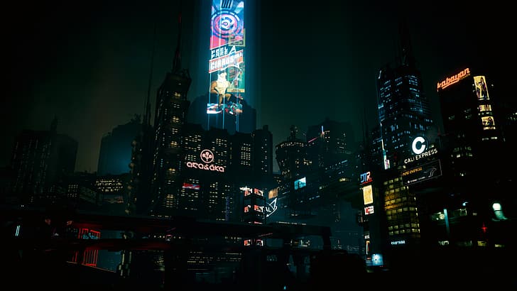 Cyberpunk 2077, noc, miasto, pejzaż miejski, mrok, cyberpunk, neon, światła miasta, atmosfera, Tapety HD