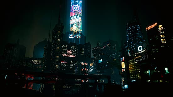 Cyberpunk 2077, noc, miasto, pejzaż miejski, mrok, cyberpunk, neon, światła miasta, atmosfera, Tapety HD HD wallpaper