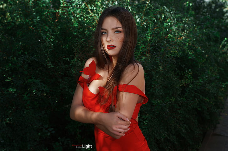 women, red lipstick, portrait, red dress, arms crossed, HD wallpaper