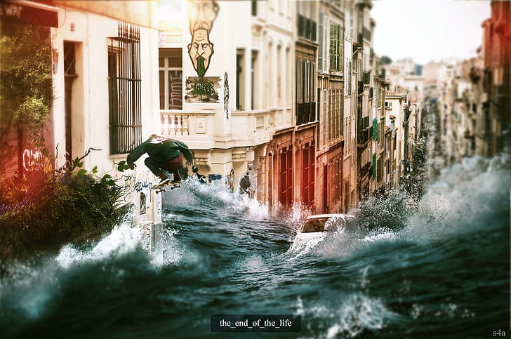 Наводнение, къща, кола, човек, скейтборд, наводнение на цунами град, наводнение, къща, кола, човек, скейтборд, HD тапет
