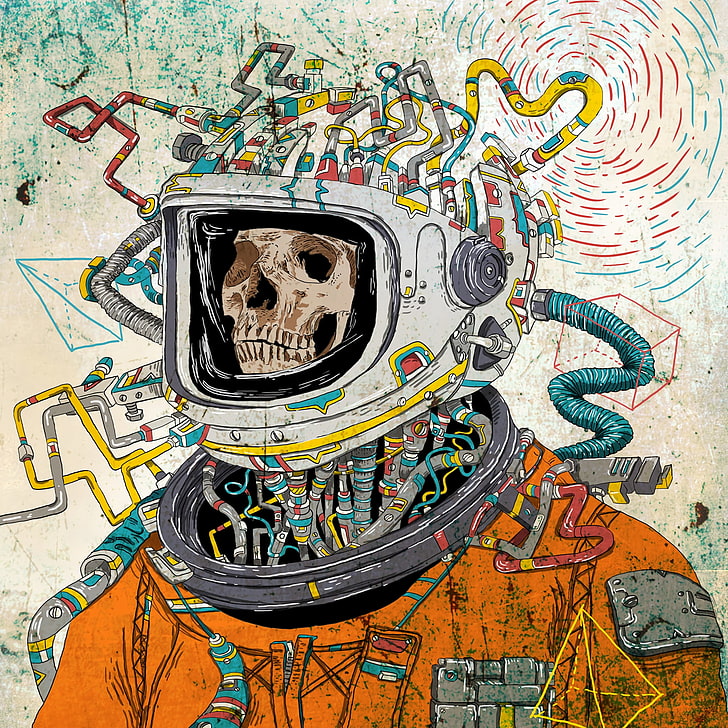 scheletro astronauta carta da parati digitale, teschio, tuta spaziale, arte, astronauta, surreale, Sfondo HD