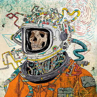 esqueleto astronauta fondo de pantalla digital, cráneo, traje espacial, arte, astronauta, surrealista, Fondo de pantalla HD HD wallpaper