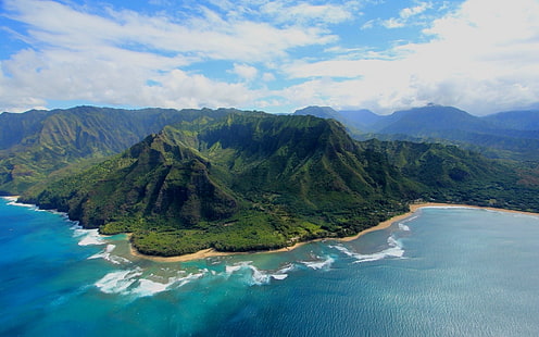 Aerial View, beach, clouds, island, Kauai, landscape, mountain, nature, sea, HD wallpaper HD wallpaper