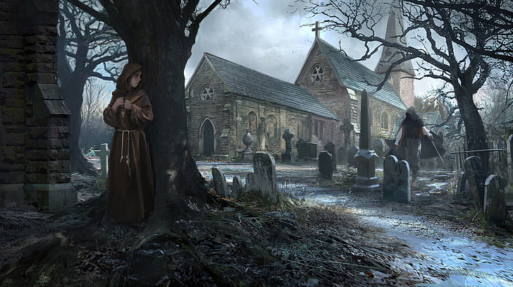 Frau, die braune Robenillustration, Kirche, Mönche, Fantasiekunst, Rhys Griffiths trägt, HD-Hintergrundbild