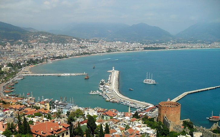 Kota Kroasia, kalkun, alanya, gunung, dominan, laut, bangunan, pelabuhan, jalan, Wallpaper HD