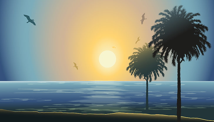 peinture de paysage, mer, soleil, coucher de soleil, palmiers, mouettes, Fond d'écran HD