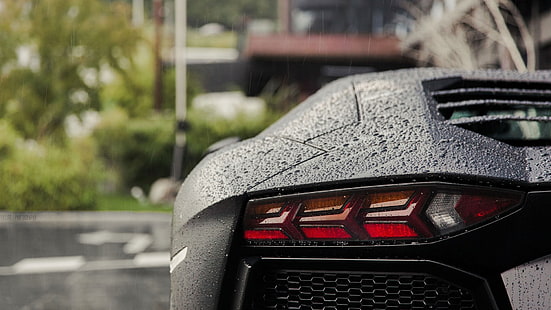 ไฟท้ายรถสีดำ, Lamborghini Aventador LP700-4, Lamborghini Aventador, Lamborghini, Lamborghini Aventador LP 750-4, ฝน, รถสีดำ, หยดน้ำ, ยานพาหนะ, วอลล์เปเปอร์ HD HD wallpaper