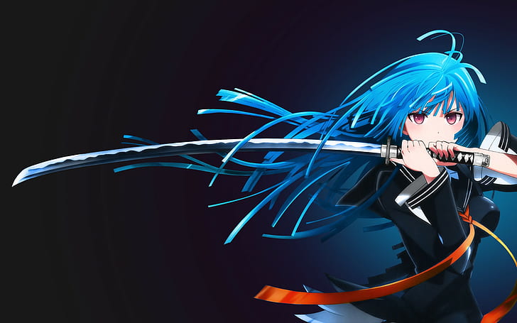 アニメの女の子、長い髪、木更天堂、青い髪、アニメ、剣、黒弾丸、刀、 HDデスクトップの壁紙