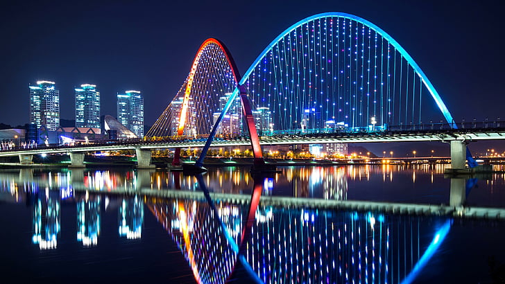 refleksi, cityscape, jembatan, tengara, malam, kota, diterangi, air, objek wisata, cahaya, arsitektur, kaki langit, jembatan pameran, daejeon, korea selatan, asia, Wallpaper HD
