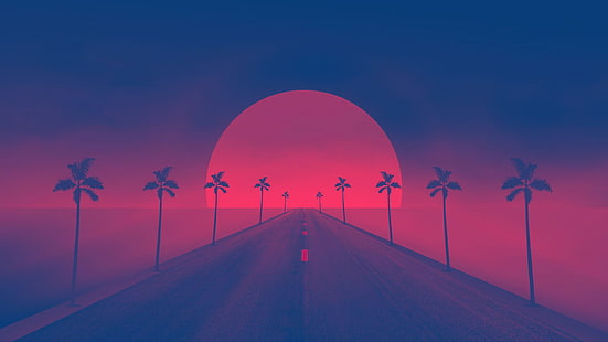 jalan, Sun, Retrowave, synthwave, karya seni, Wallpaper HD HD wallpaper